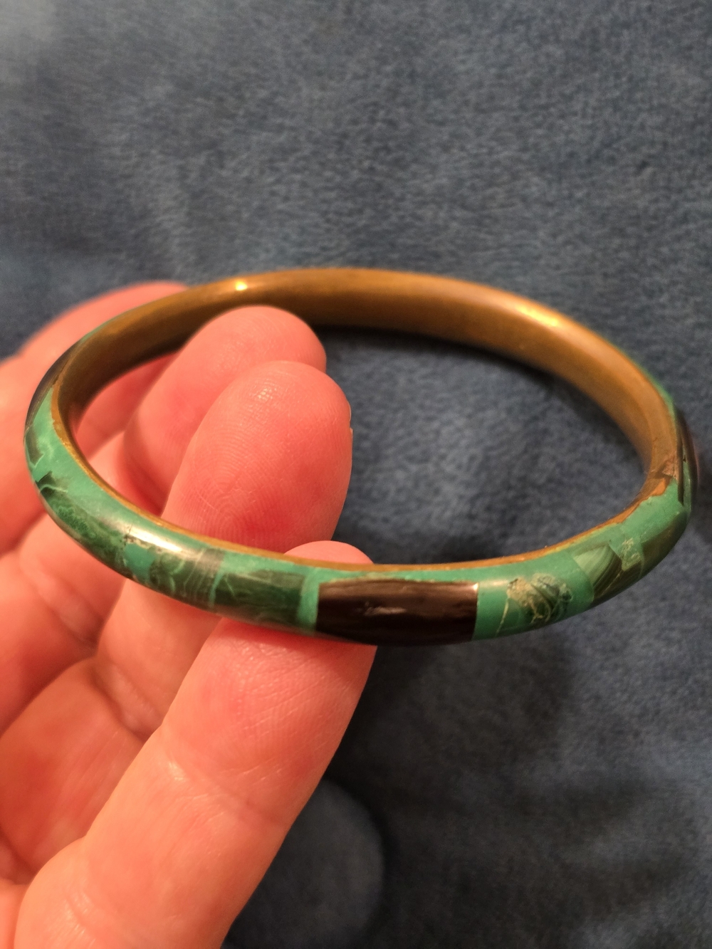 Vintage Green & Black Malacite 7" Interior Inlay Brass Bangle Bracelet